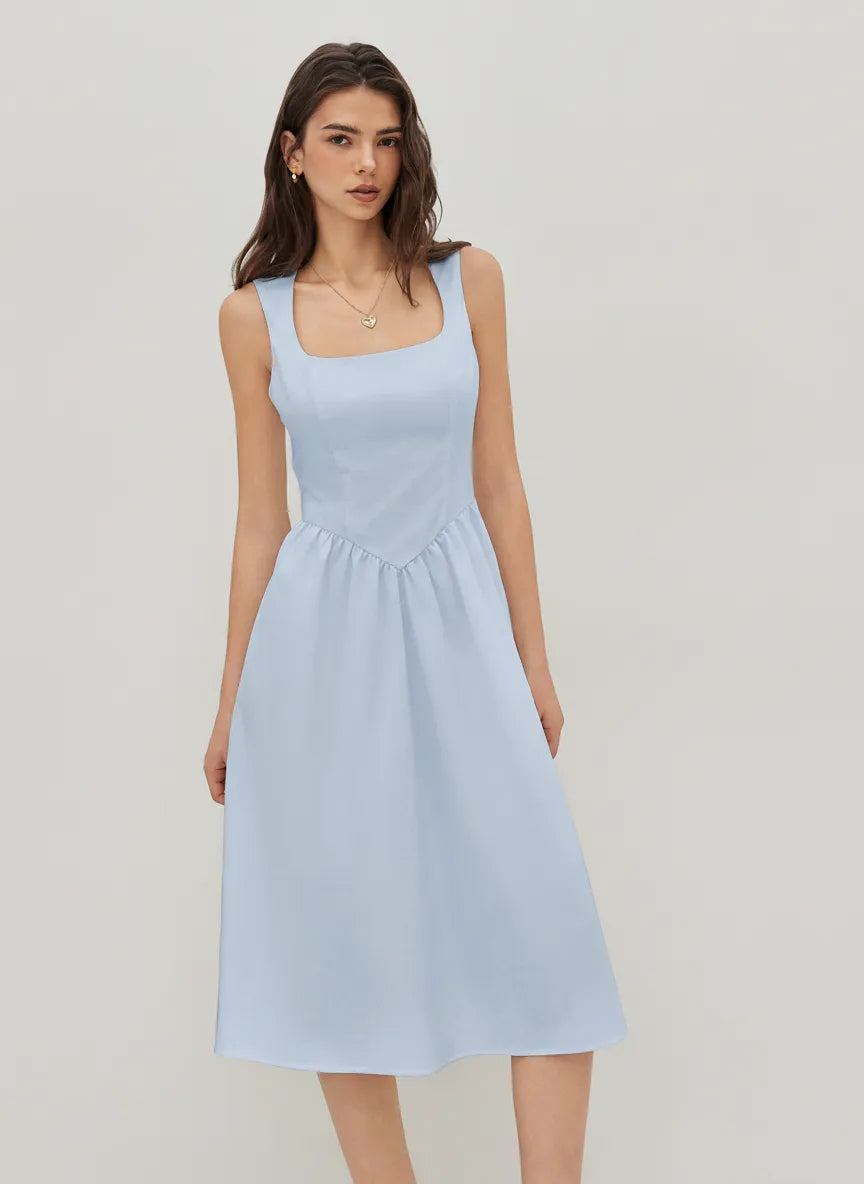 Linen-blend Square Neck Ruffle Midi Dress