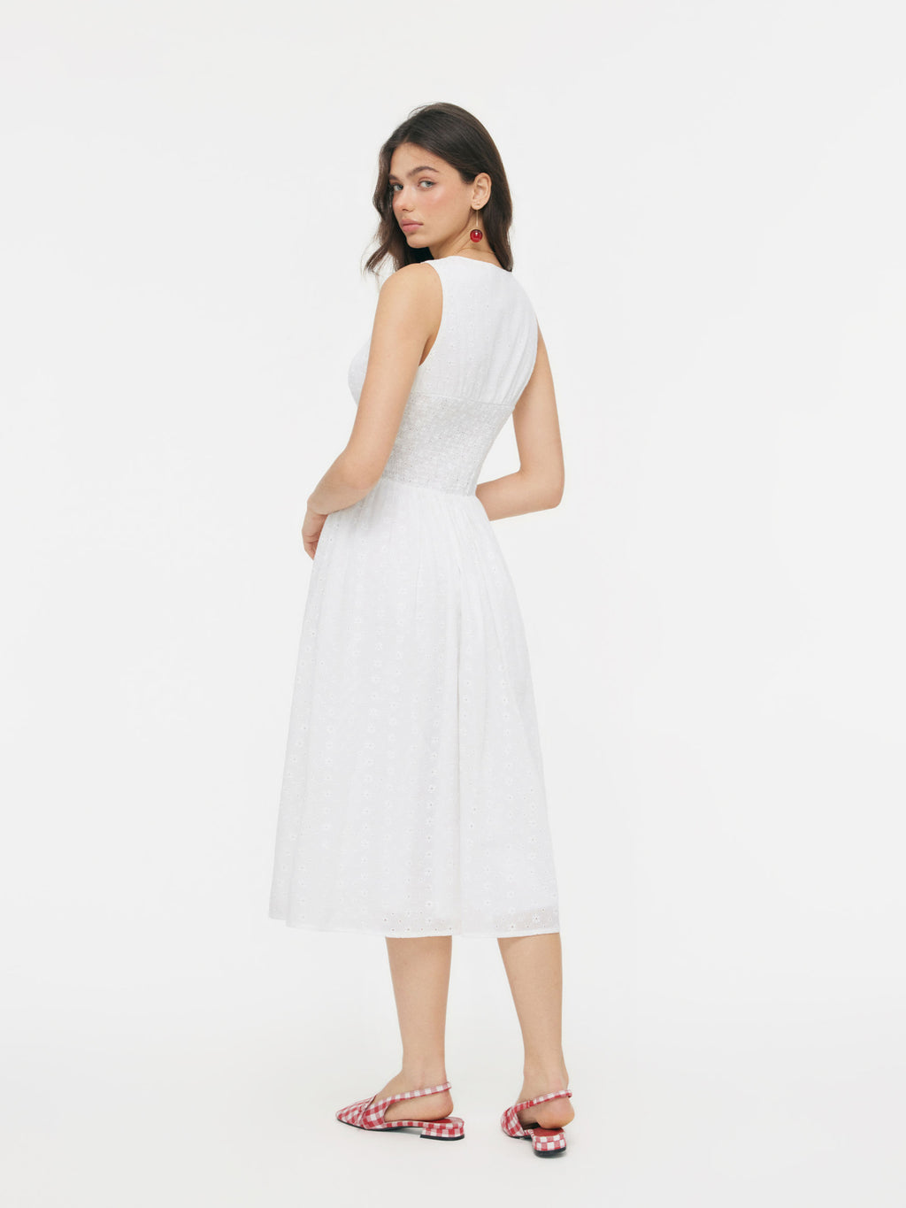 Cotton V-neck Broderie Anglaise Floral Lace Trim Button Midi Dress