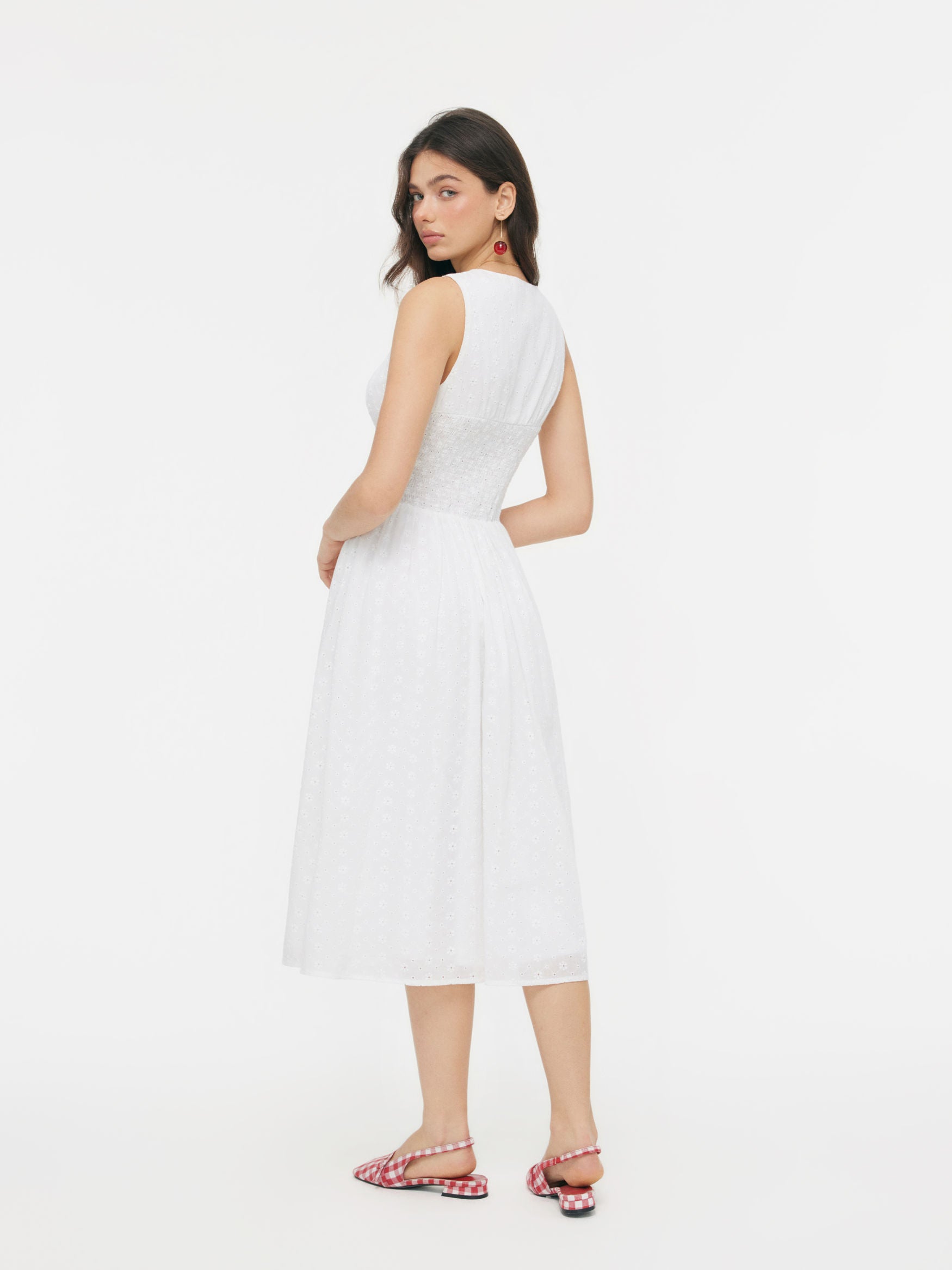Cotton V-neck Broderie Anglaise Floral Lace Trim Button Midi Dress