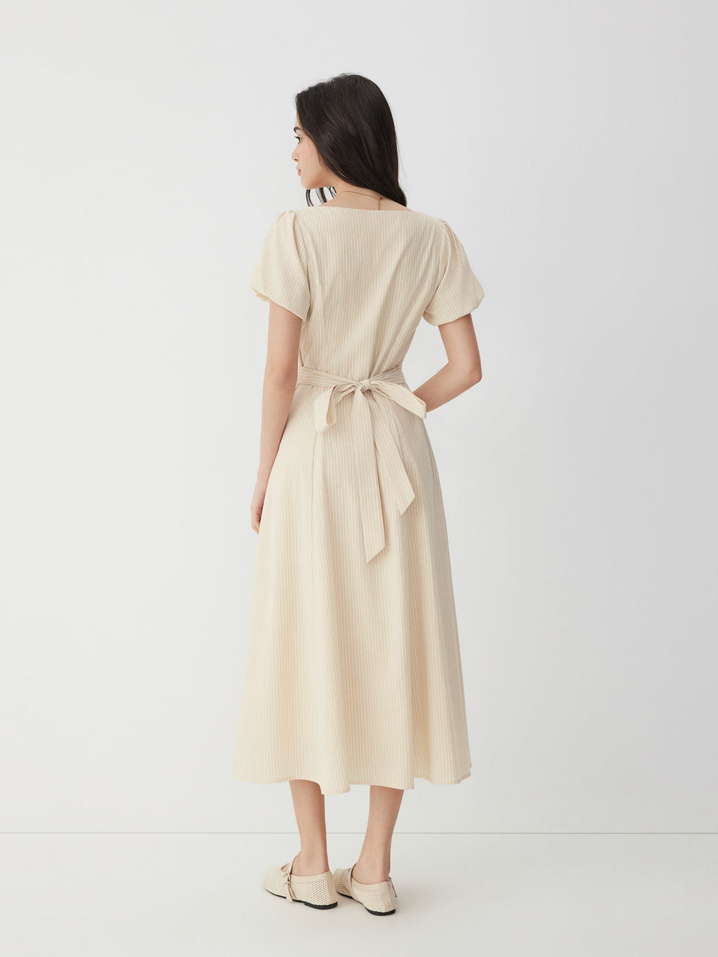 Cotton-blend Striped Ruched Tie Back Maxi Dress