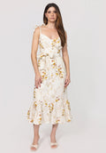 Buttoned Linen Dress With Tie Straps & Ruffled Hem