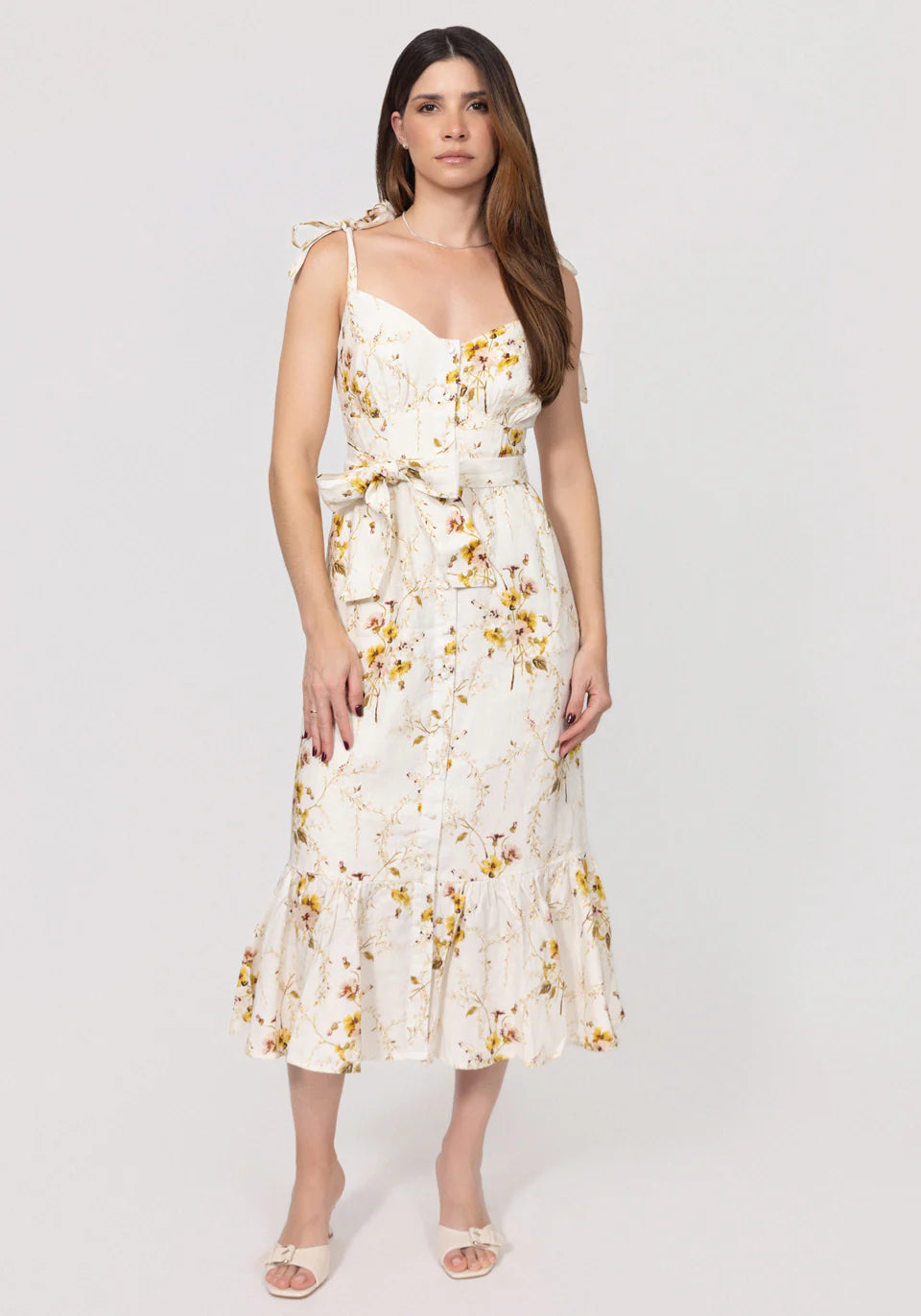 Buttoned Linen Dress With Tie Straps & Ruffled Hem
