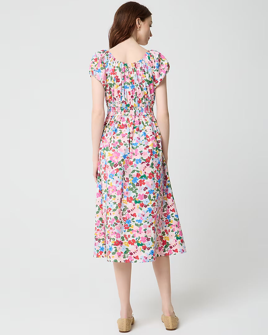Floral smocked-waist midi dress