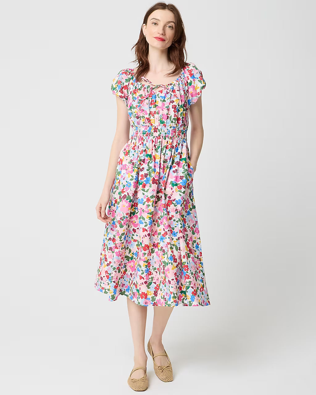 Floral smocked-waist midi dress