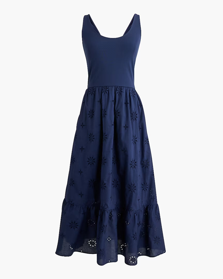 Eyelet mixed-media midi dress
