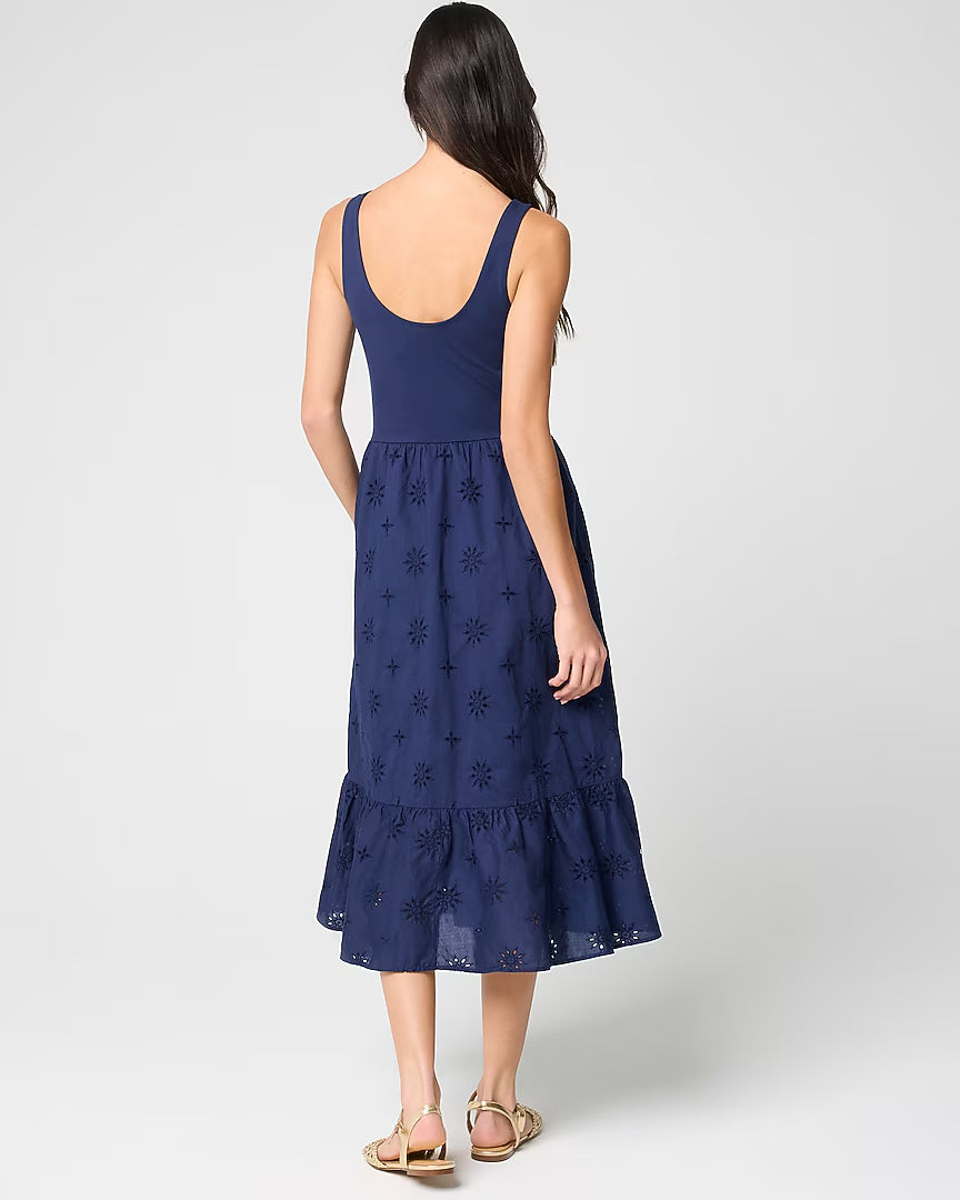 Eyelet mixed-media midi dress