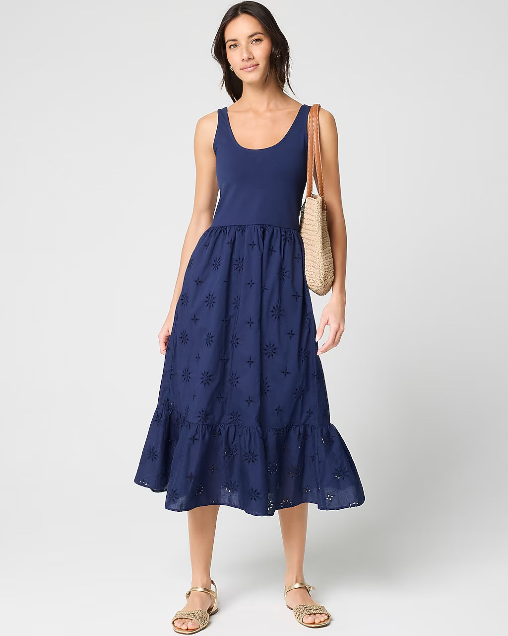 Eyelet mixed-media midi dress