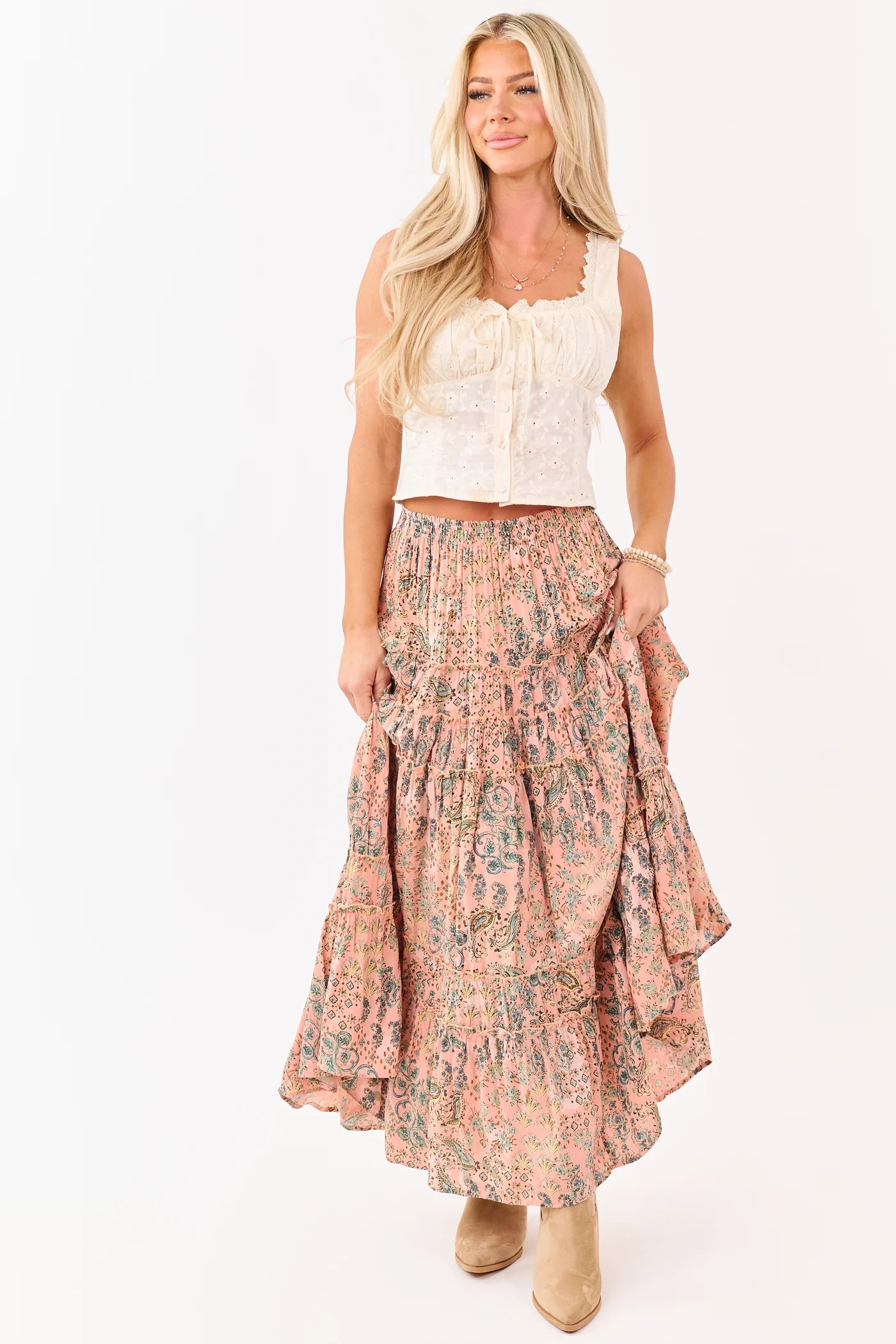 Light Coral Paisley Floral Frill Tiered Maxi Skirt