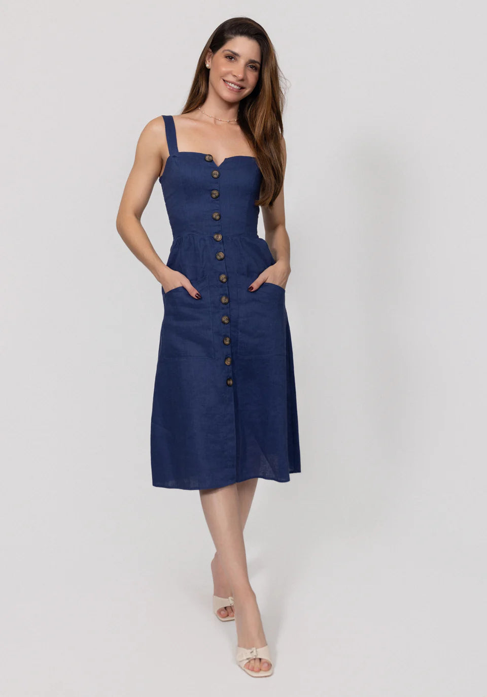 Midi Linen Dress With Front Buttons & Pockets