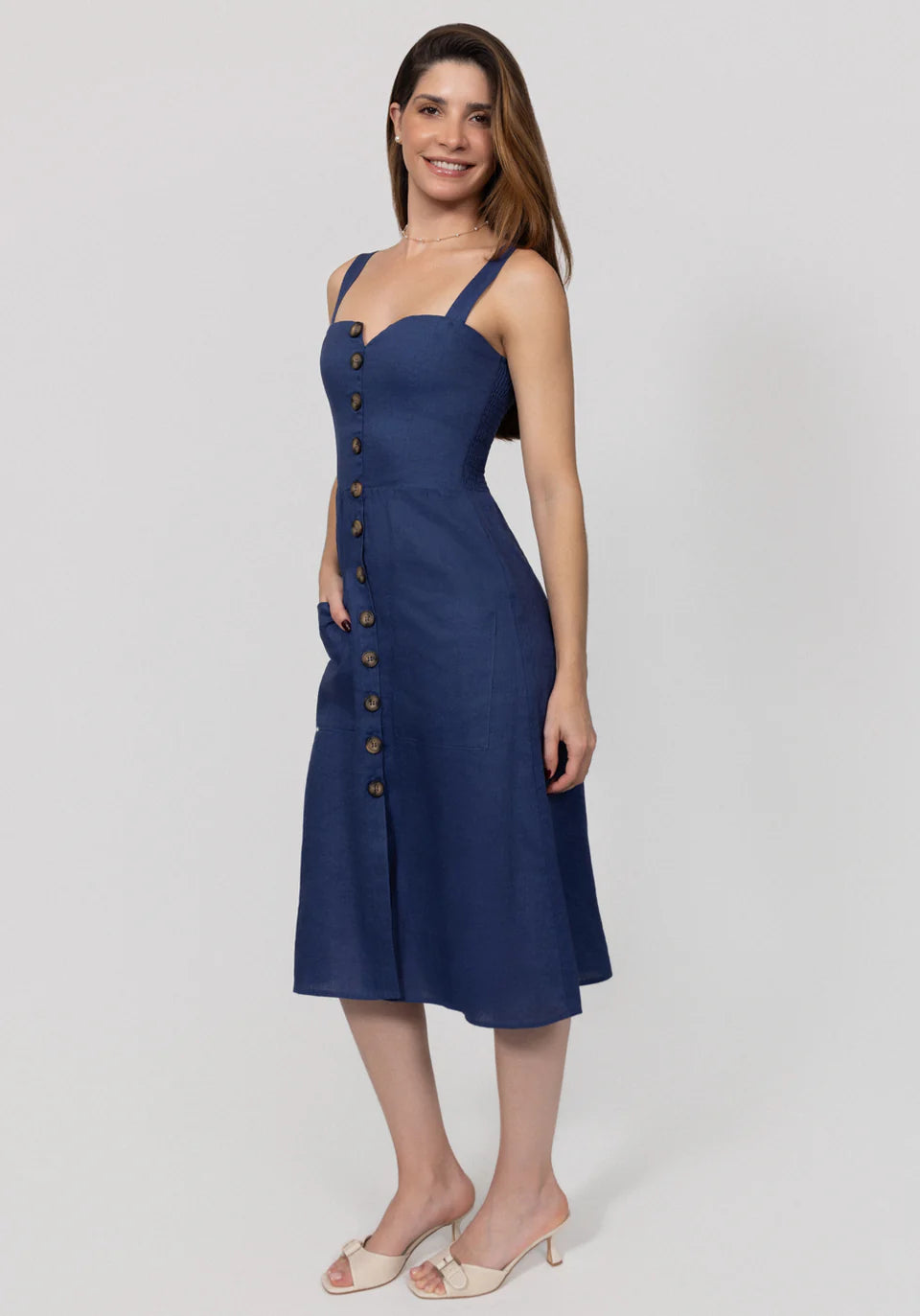 Midi Linen Dress With Front Buttons & Pockets