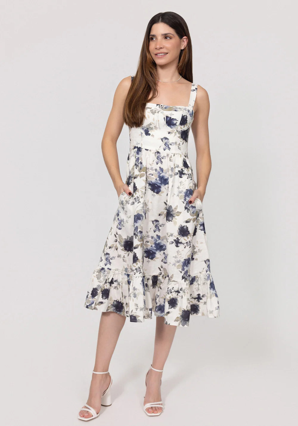 Romantic Linen Midi Dress With Front Tie & Soft Ruffle