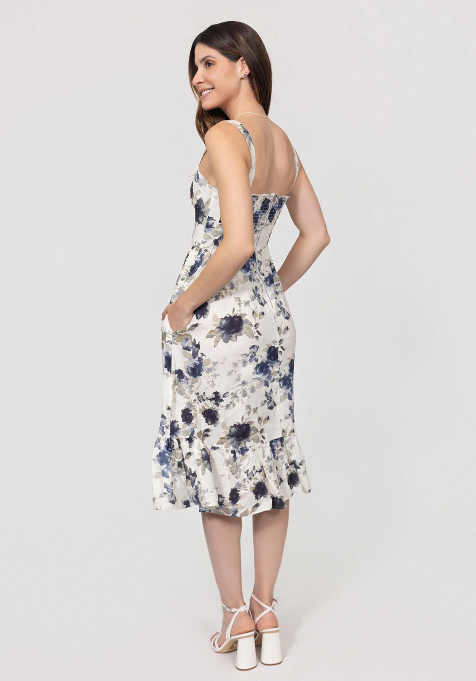 Romantic Linen Midi Dress With Front Tie & Soft Ruffle
